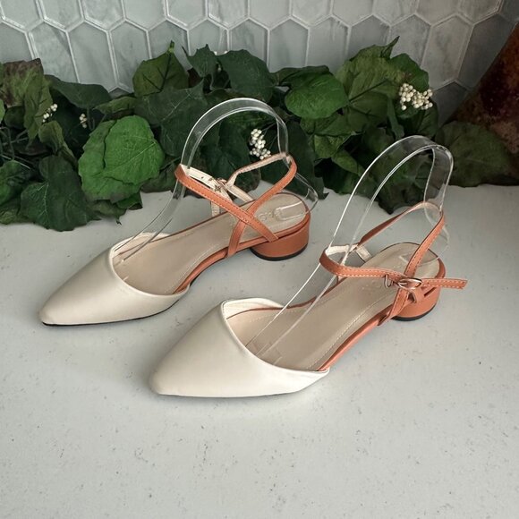 Pointed Toe Womens Slingback Block Heel Sandals Size 240 Beige & Orange - Picture 2 of 9